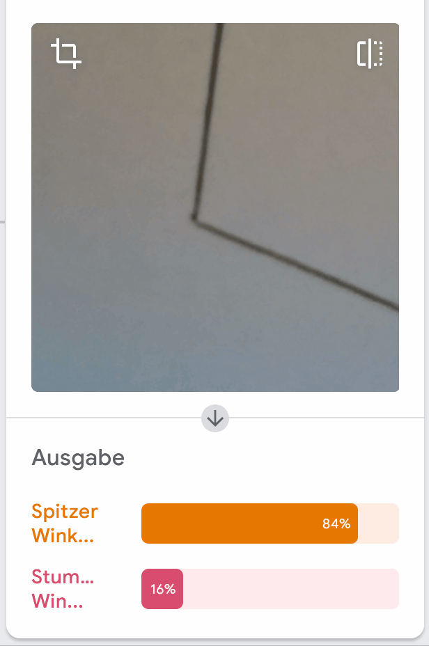 Bild, welches einen stumpfen Winkel zeigt, der vom Teachable Machine Modell falsch eingeordnet wird.