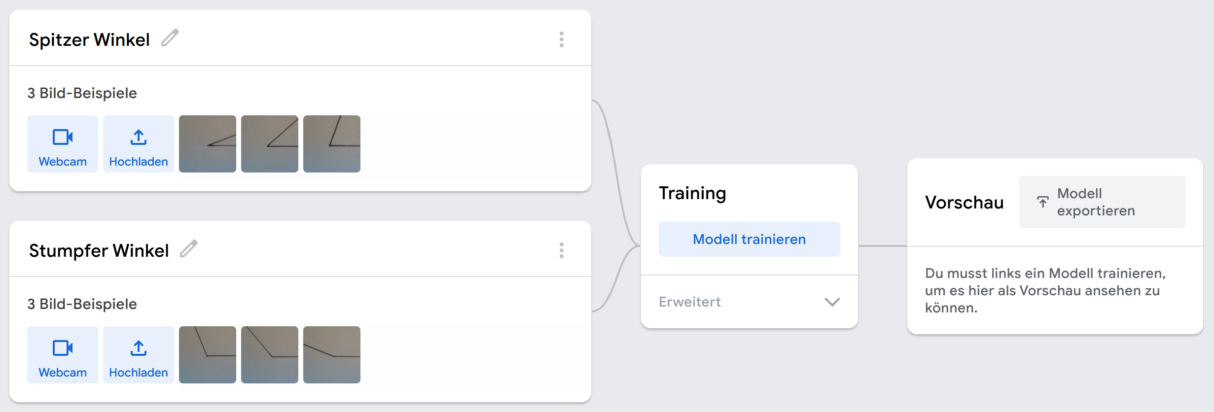 Screenshot von der Oberfläche der Webseite Teachable Machine