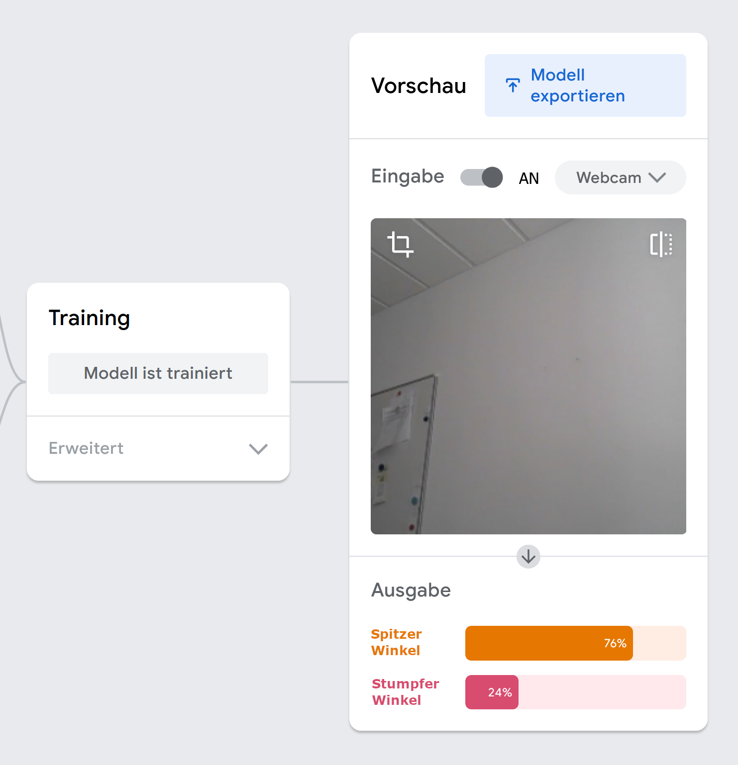 Screenshot von der Oberfläche der Webseite Teachable Machine